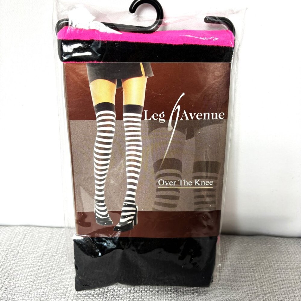 Leg Ave #6005 Thigh High Hot Pink & Black Stripe NWT NOS